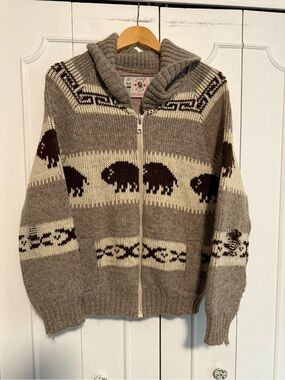 Brown Bison Zip-Up Shawl Collar Sweater in Brown and Cream with Buffalo Pattern